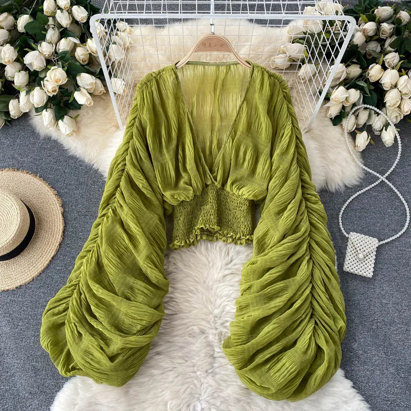 Draped Chiffon Blouset V-Neck