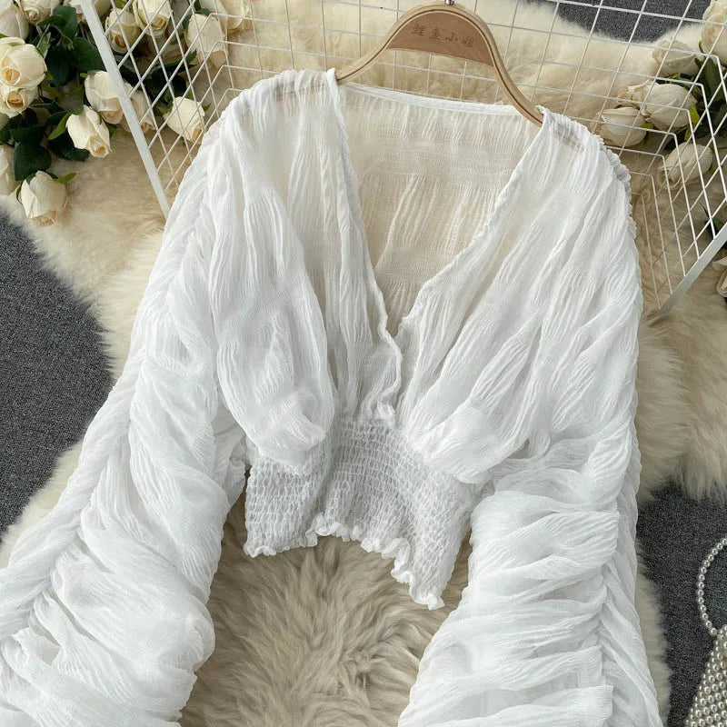 Draped Chiffon Blouset V-Neck