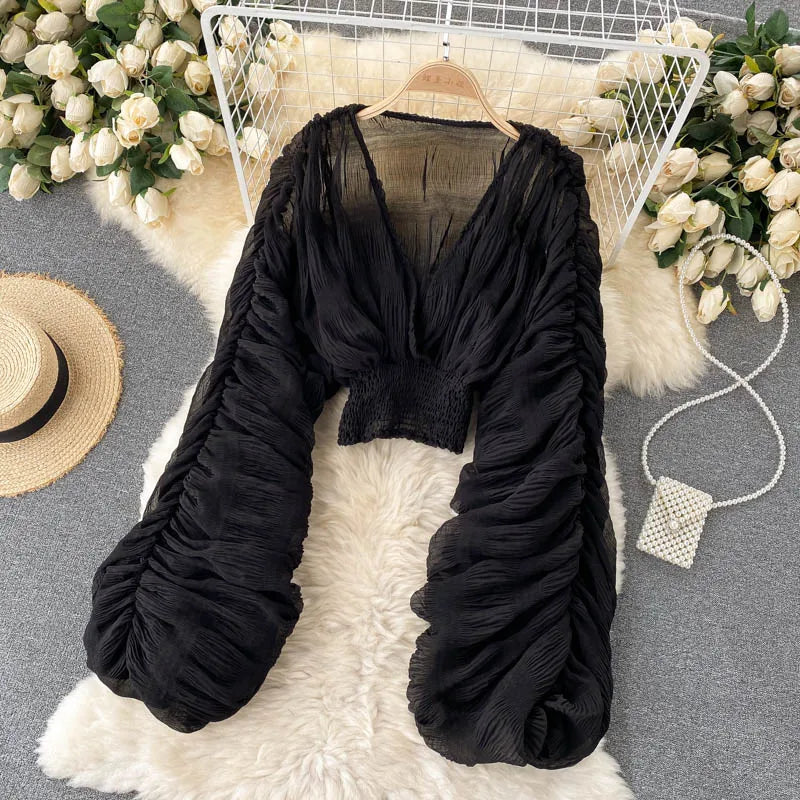 Draped Chiffon Blouset V-Neck