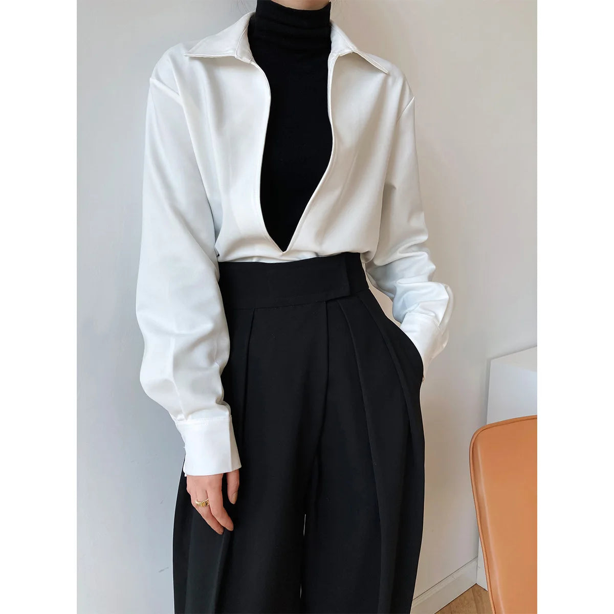V Neck Solid Full Sleeve Loose Tops