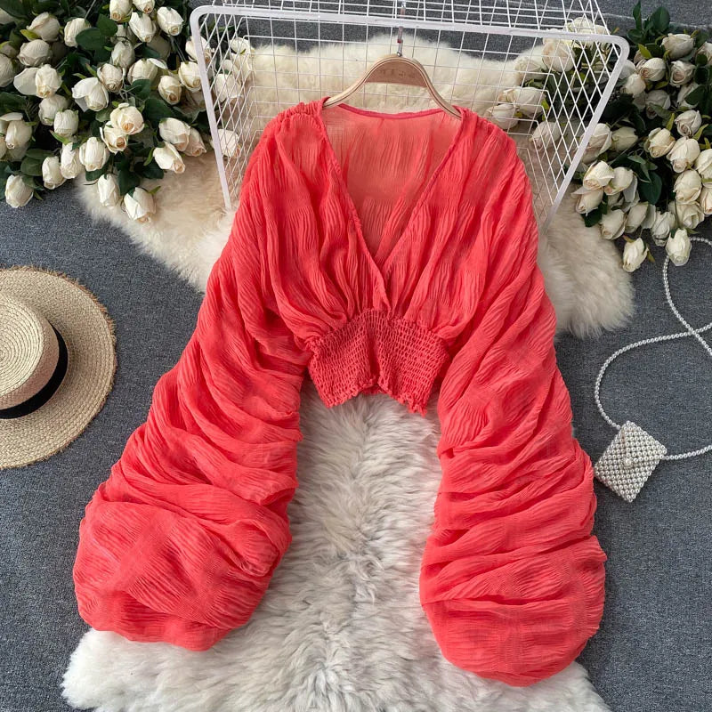 Draped Chiffon Blouset V-Neck