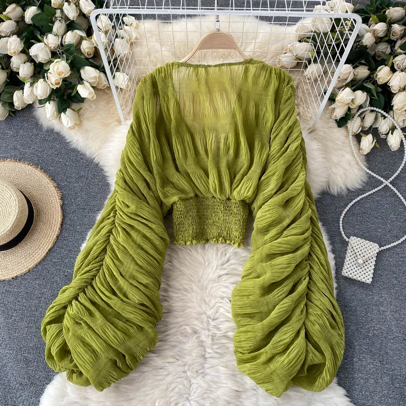 Draped Chiffon Blouset V-Neck