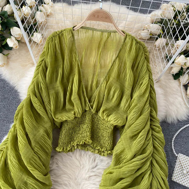 Draped Chiffon Blouset V-Neck