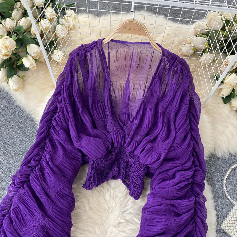 Draped Chiffon Blouset V-Neck