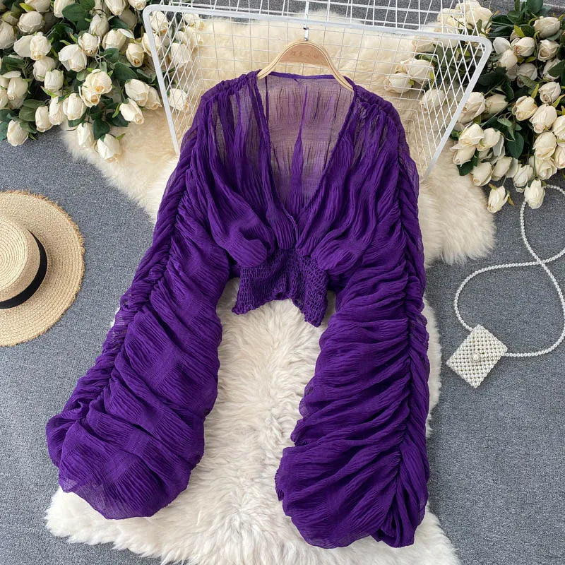 Draped Chiffon Blouset V-Neck
