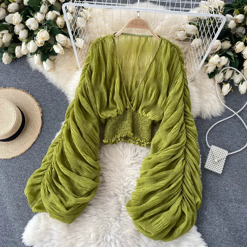 Draped Chiffon Blouset V-Neck
