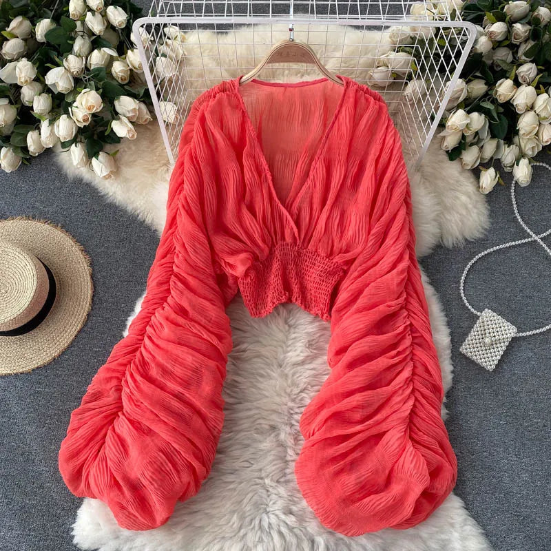 Draped Chiffon Blouset V-Neck