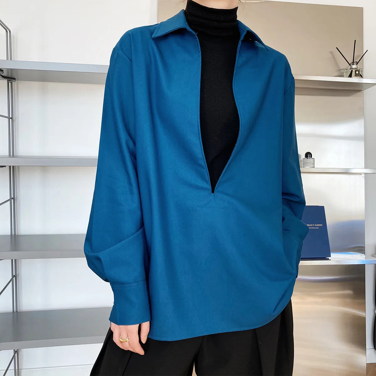 V Neck Solid Full Sleeve Loose Tops