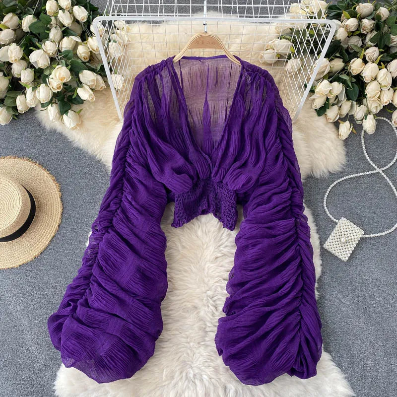 Draped Chiffon Blouset V-Neck
