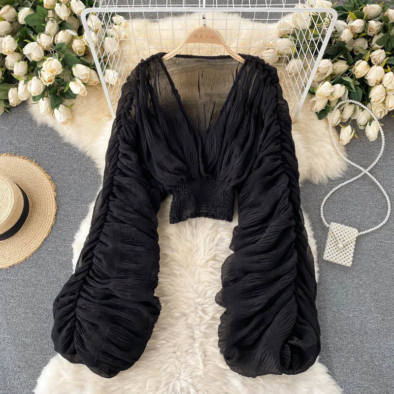 Draped Chiffon Blouset V-Neck