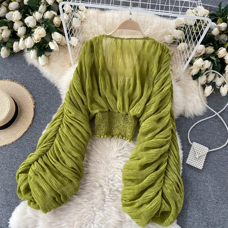Draped Chiffon Blouset V-Neck