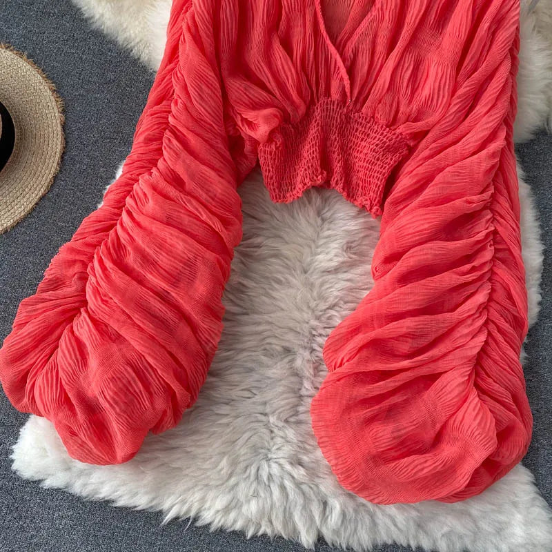 Draped Chiffon Blouset V-Neck