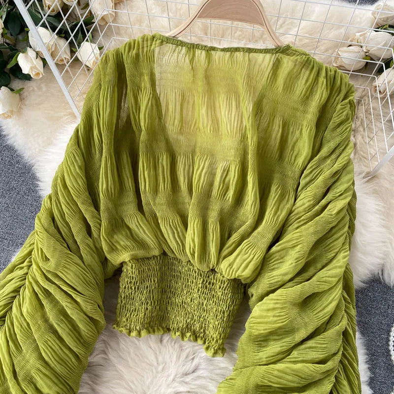 Draped Chiffon Blouset V-Neck