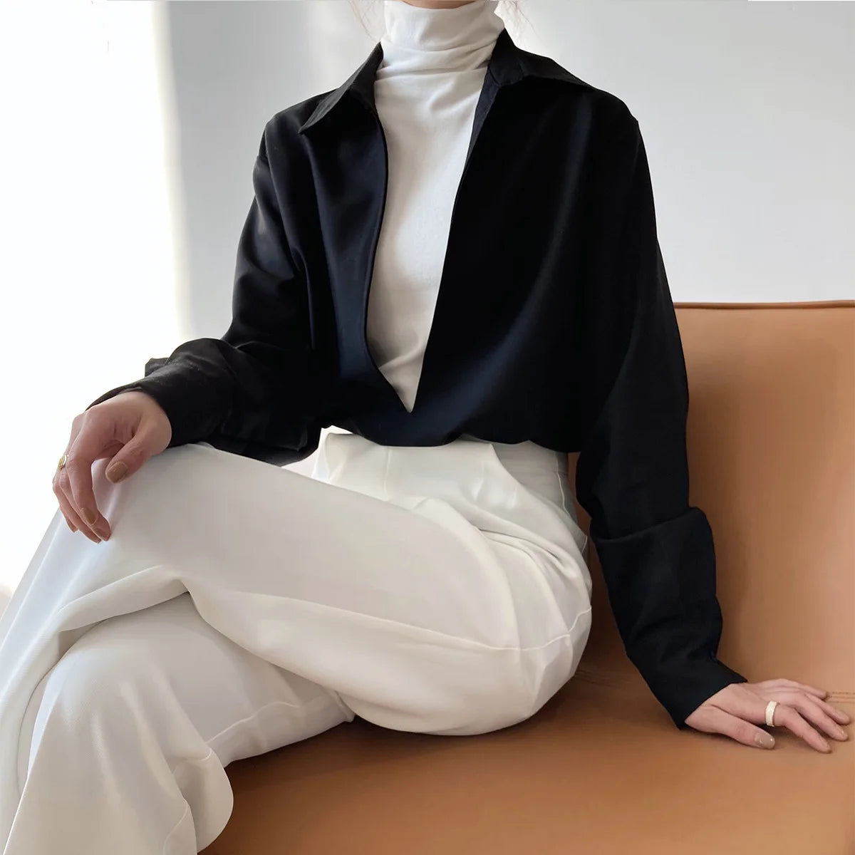 V Neck Solid Full Sleeve Loose Tops
