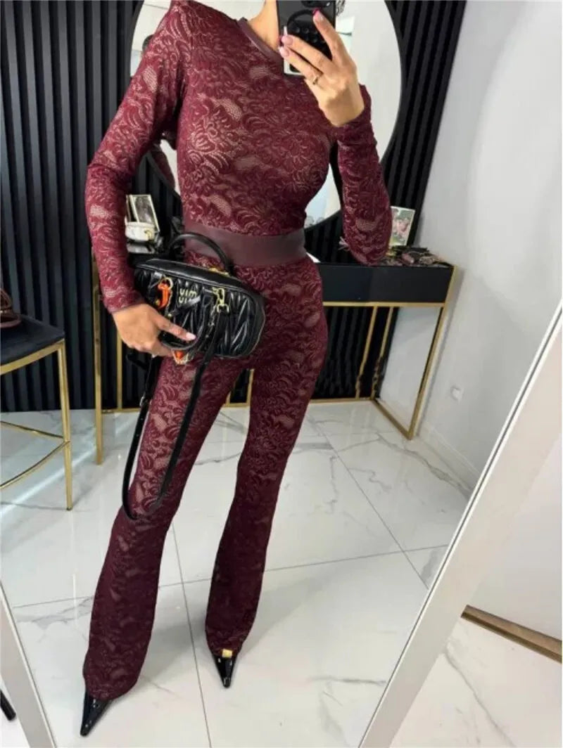 Lace Print Long Sleeve Jumpsuits