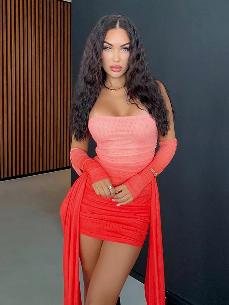 Mesh Simple Mini Dress Ribbons Full Sleeve Gloves