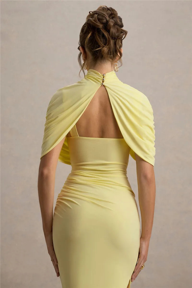Half Sleeve Backless Ruched Maxi Dress