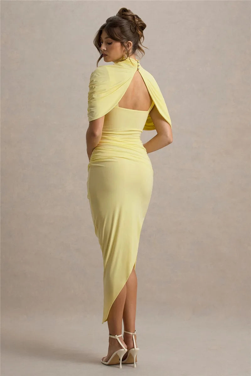 Half Sleeve Backless Ruched Maxi Dress
