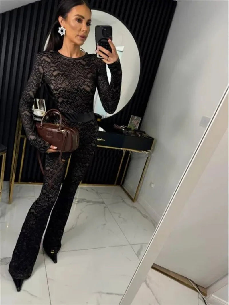 Lace Print Long Sleeve Jumpsuits