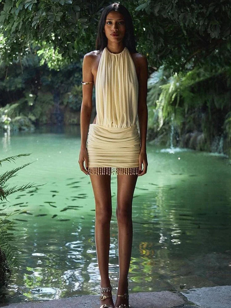 Lace-Up Halter Mini Dres Backless