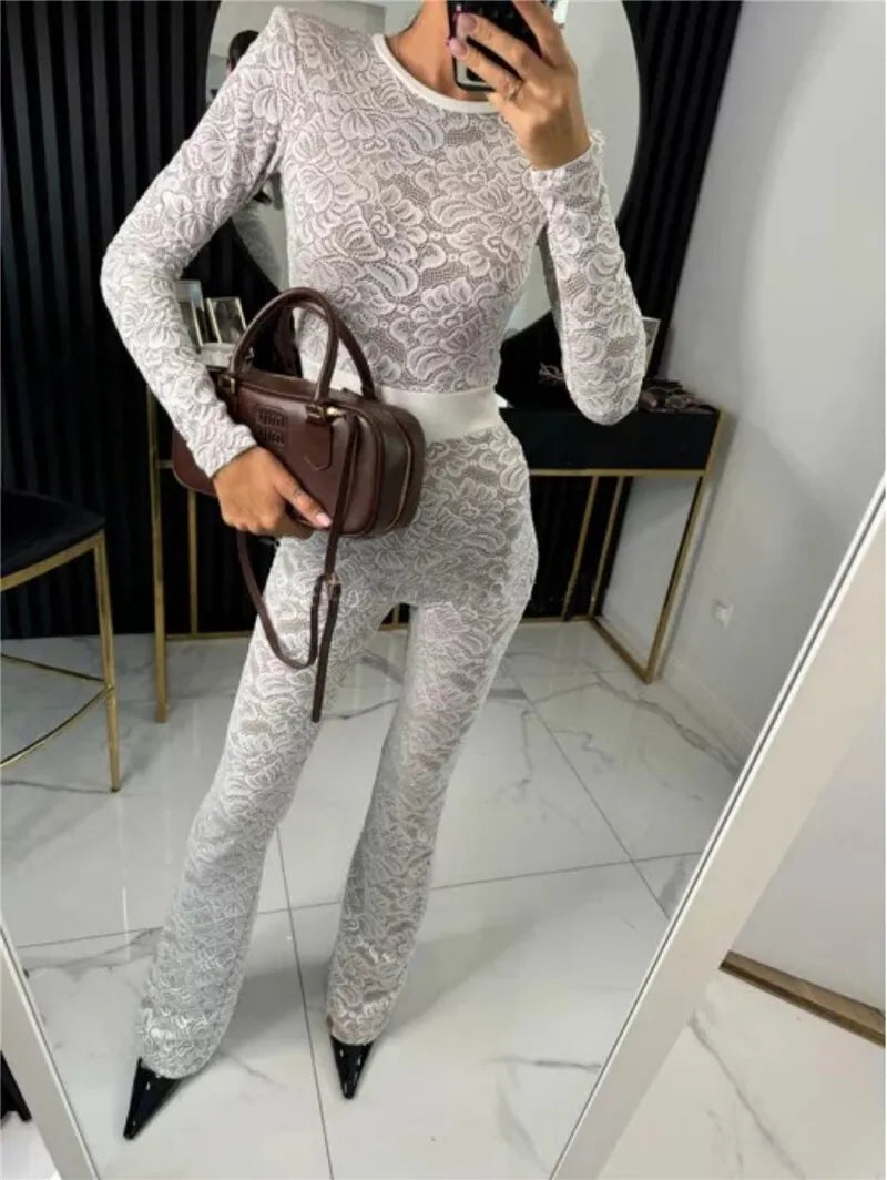 Lace Print Long Sleeve Jumpsuits