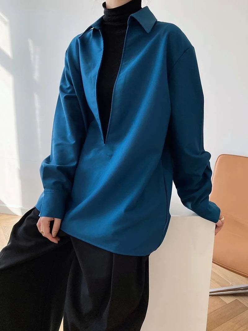 V Neck Solid Full Sleeve Loose Tops