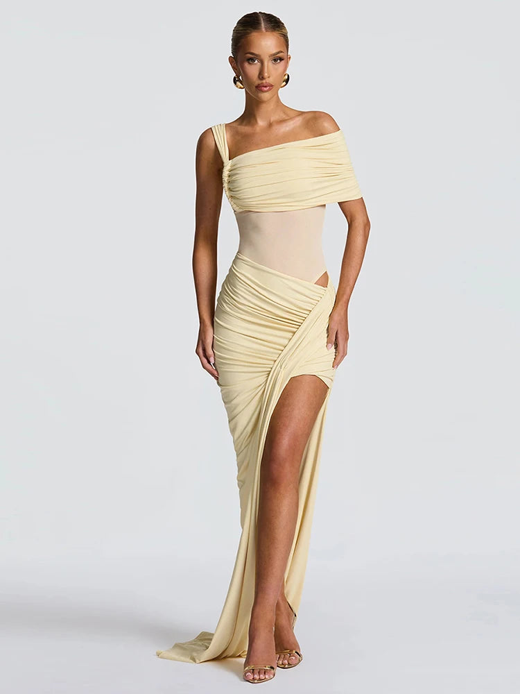 Waistless Shoulder Off High Side Slit Maxi Dress
