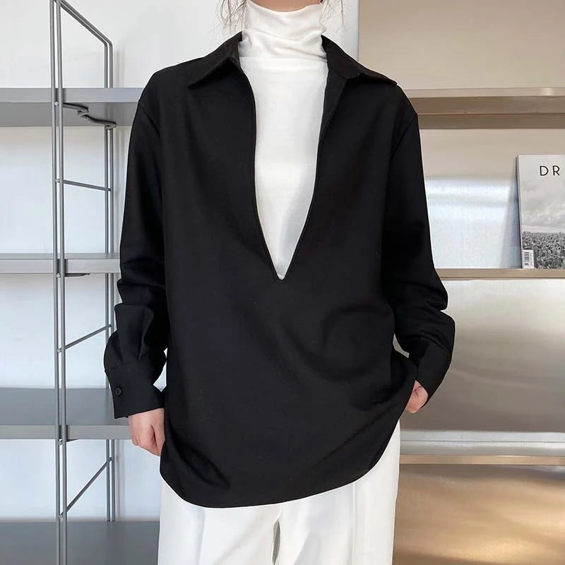 V Neck Solid Full Sleeve Loose Tops
