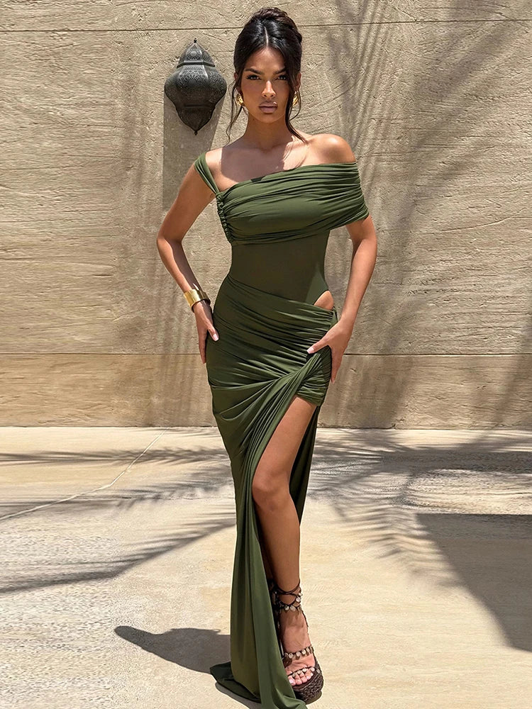 Waistless Shoulder Off High Side Slit Maxi Dress