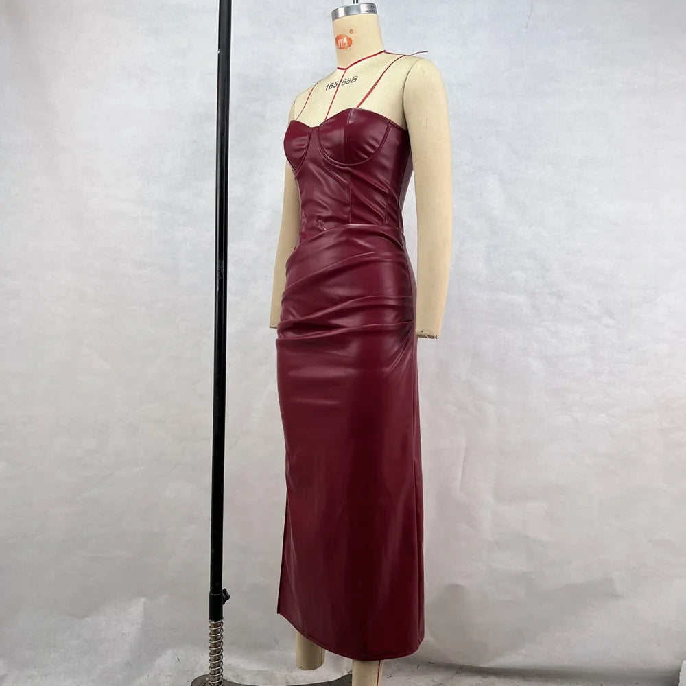 Luxury Leather Strapless Short Dress Chic Womens Summer Sexy Party Waist Curvy Dresses 2025 Evening Red Green Brown Y2K Cocktail