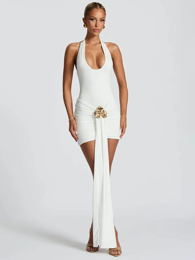 Flower Draped Ruched Sexy Mini Dress