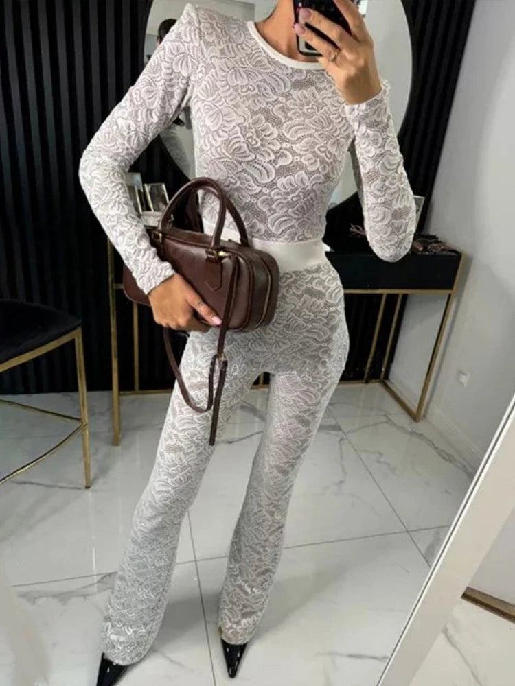 Lace Print Long Sleeve Jumpsuits
