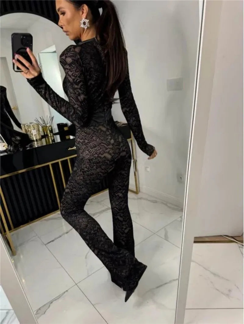 Lace Print Long Sleeve Jumpsuits