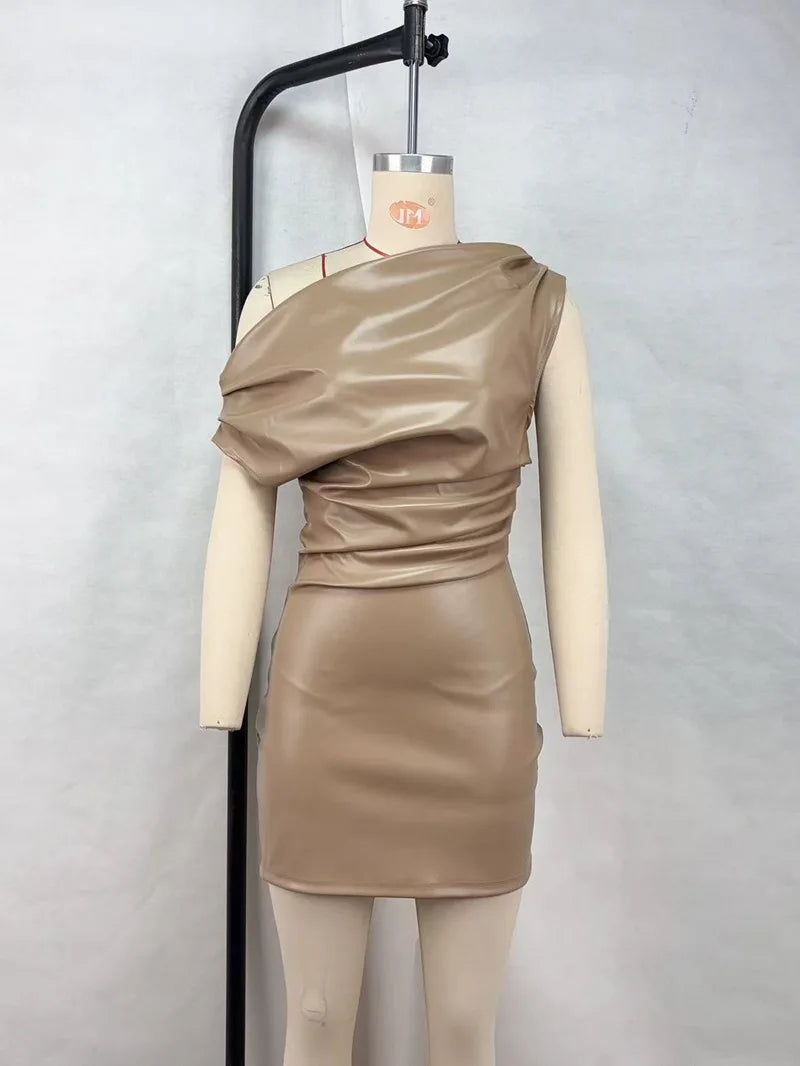 Luxury Leather Strapless Short Dress Chic Womens Summer Sexy Party Waist Curvy Dresses 2025 Evening Red Green Brown Y2K Cocktail