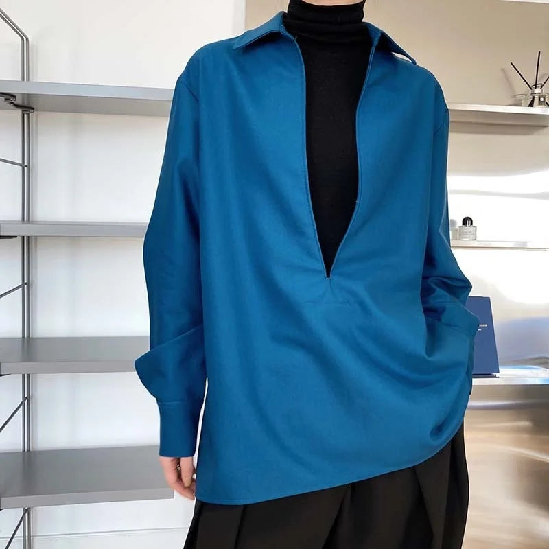 V Neck Solid Full Sleeve Loose Tops