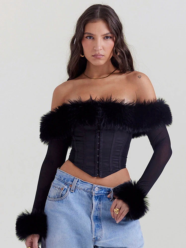 Feather Strapless Sexy T-shir