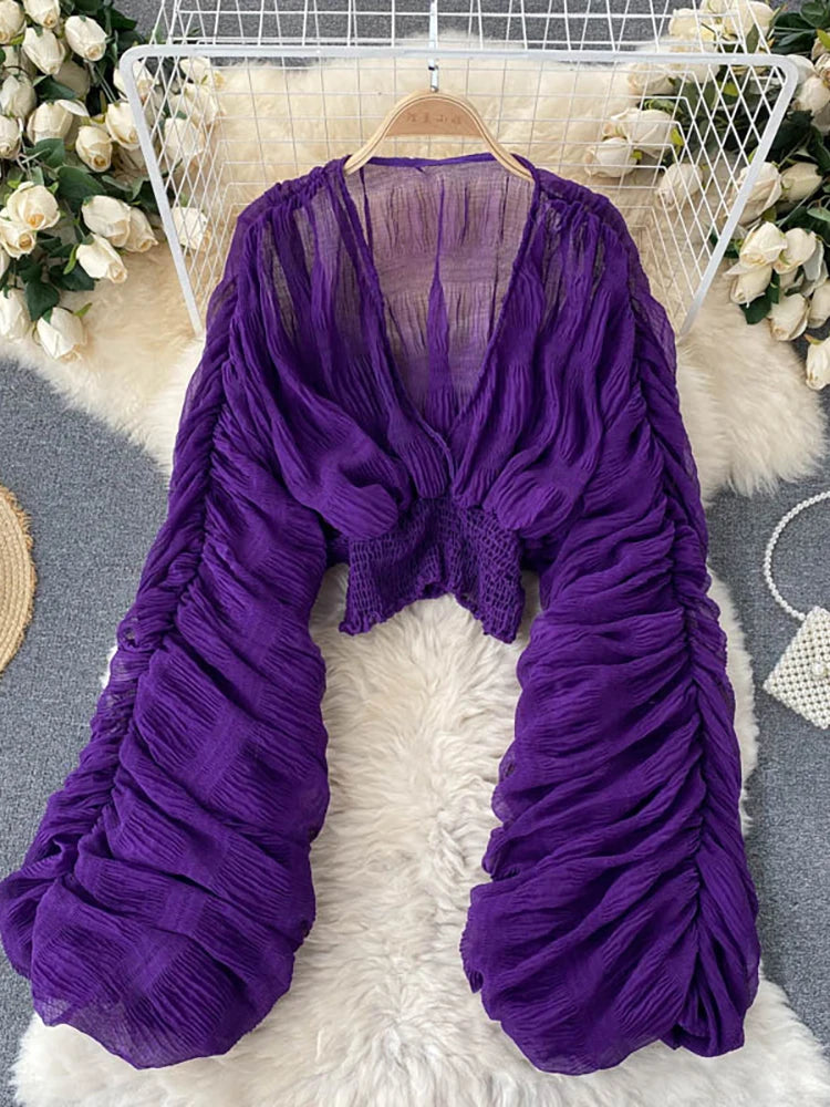 Draped Chiffon Blouset V-Neck