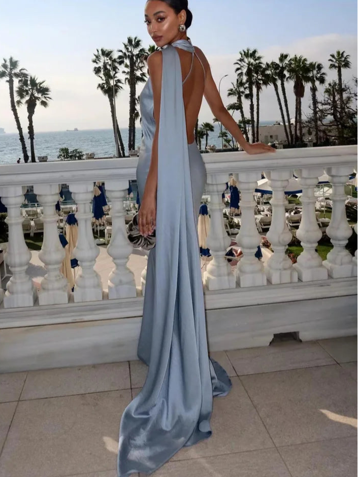 Elegant Satin Ribbons Halter Party Dress