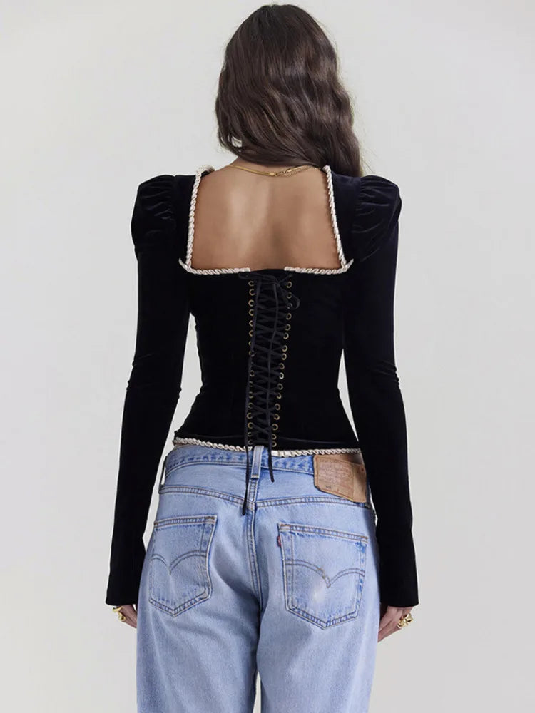 Square Collar Backless Bandage T-shirt