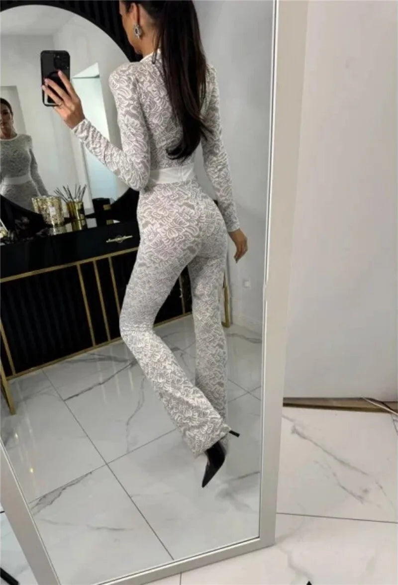 Lace Print Long Sleeve Jumpsuits