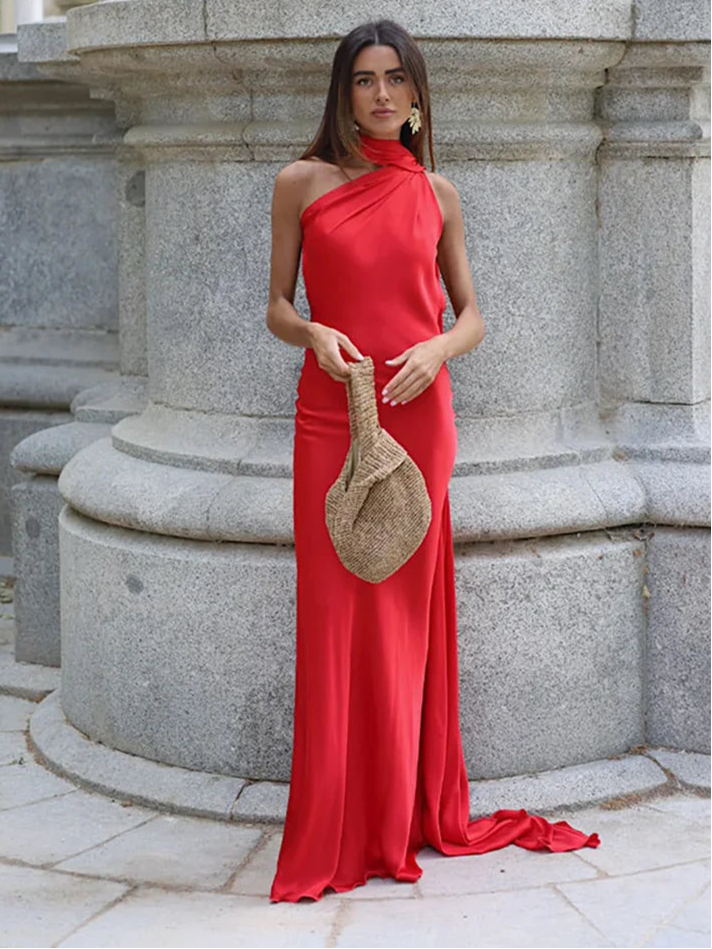 Elegant Satin Ribbons Halter Party Dress