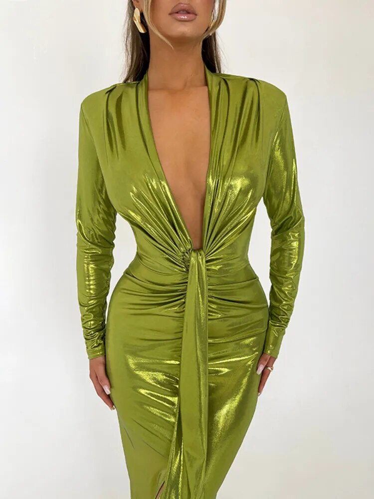 V-Neck Pleated Maxi Dress