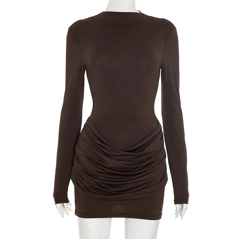 XIAOTANG Long Sleeve Ruched Sexy Mini Dress Women Autumn Winter New Elegant High Waist Bodycon Club Party Dresses Female