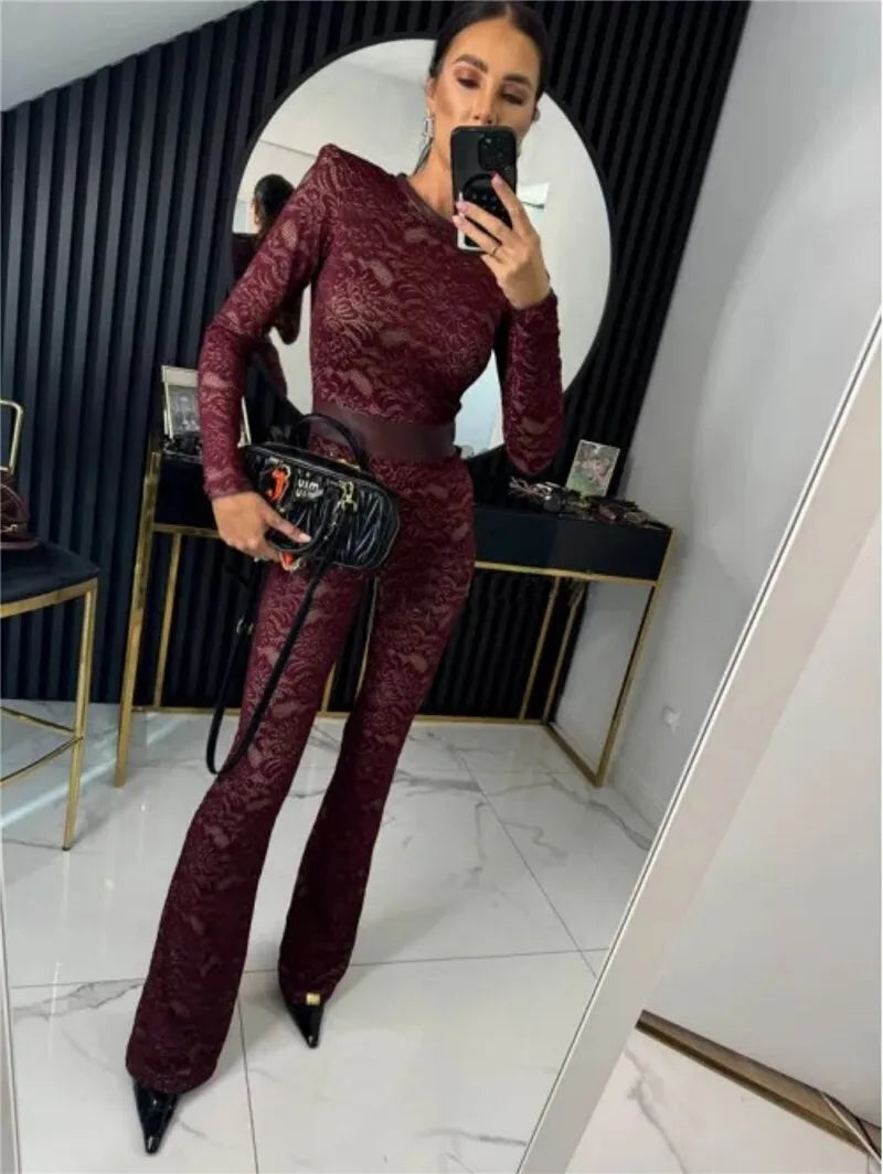 Lace Print Long Sleeve Jumpsuits