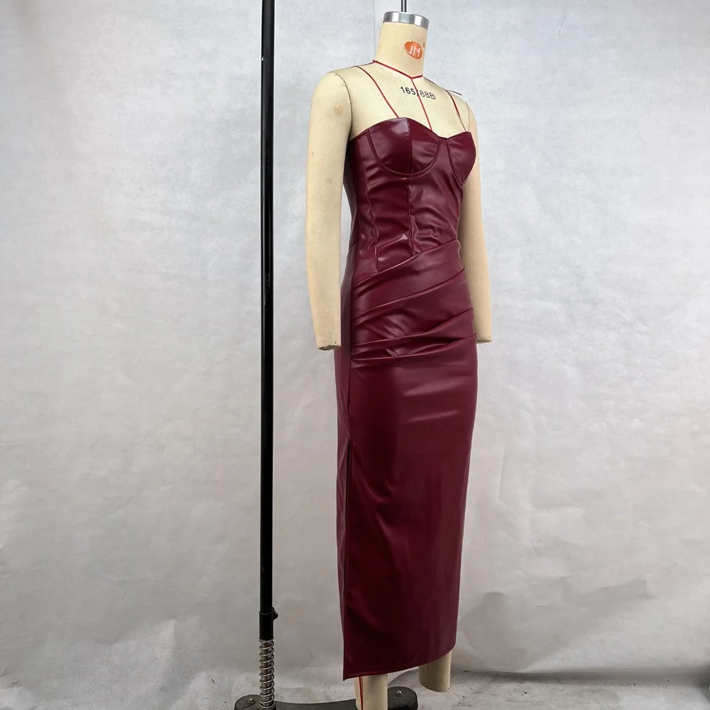 Luxury Leather Strapless Short Dress Chic Womens Summer Sexy Party Waist Curvy Dresses 2025 Evening Red Green Brown Y2K Cocktail