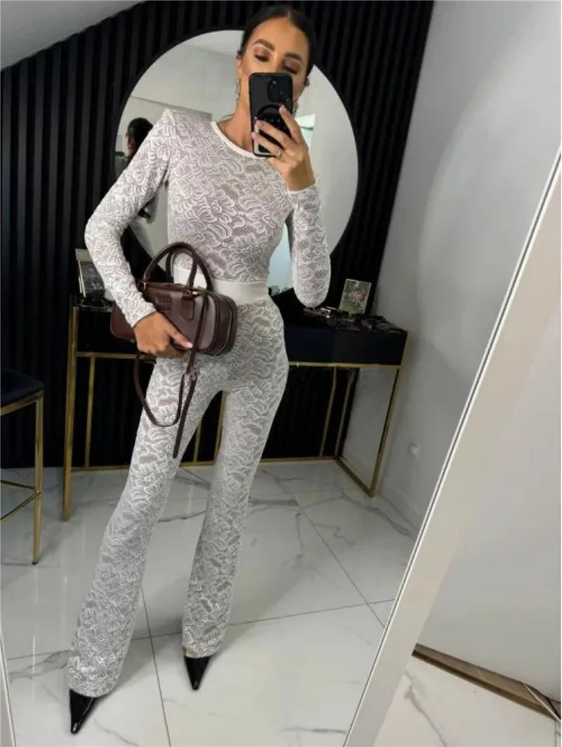 Lace Print Long Sleeve Jumpsuits