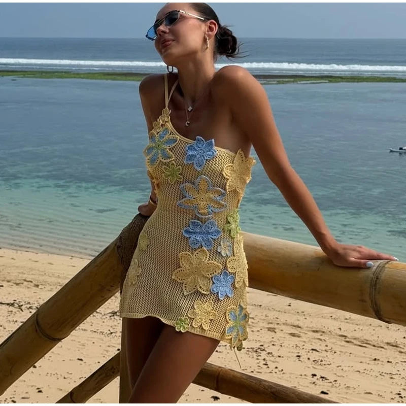 Knitted Beads Casual dress Beach 3D Flowers