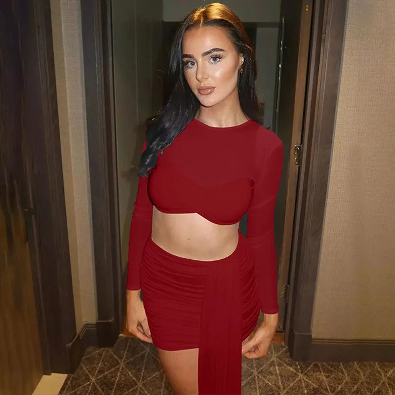 O Neck Long Sleeve Skirt Matching Sets