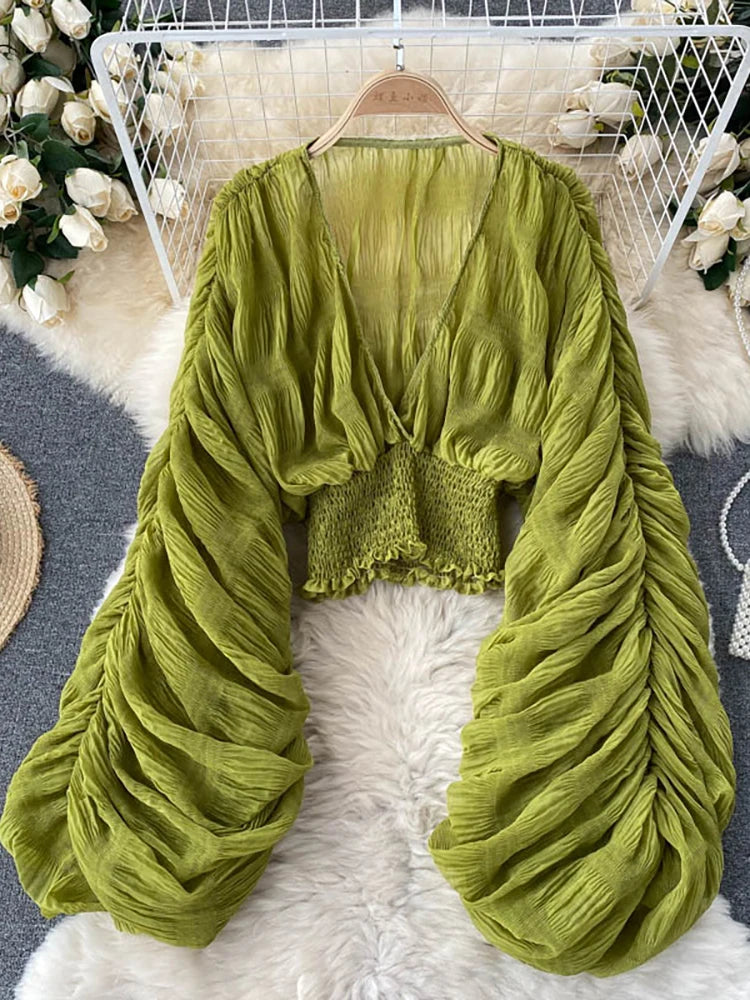 Draped Chiffon Blouset V-Neck