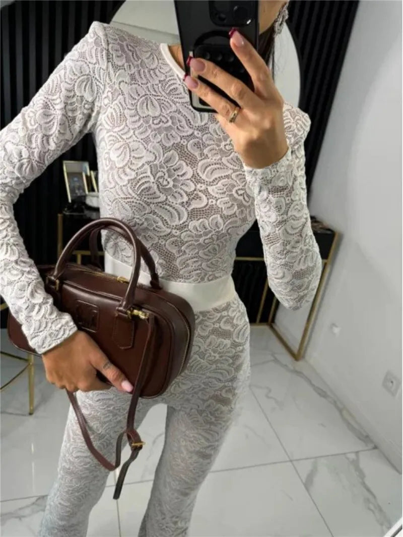 Lace Print Long Sleeve Jumpsuits